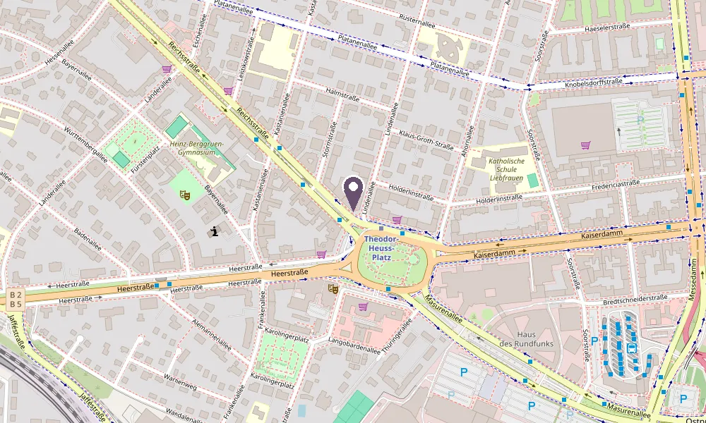 Stadtplan: Die Praxis liegt an der Reichsstraße, Ecke Lindenallee, direkt nördlich des Theodor-Heuss-Platzes in Berlin-Westend